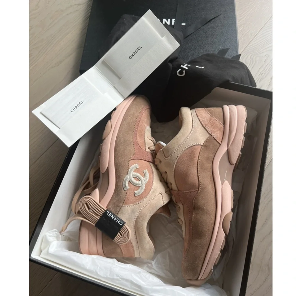 CHANEL Pink & Beige Suede Sneakers